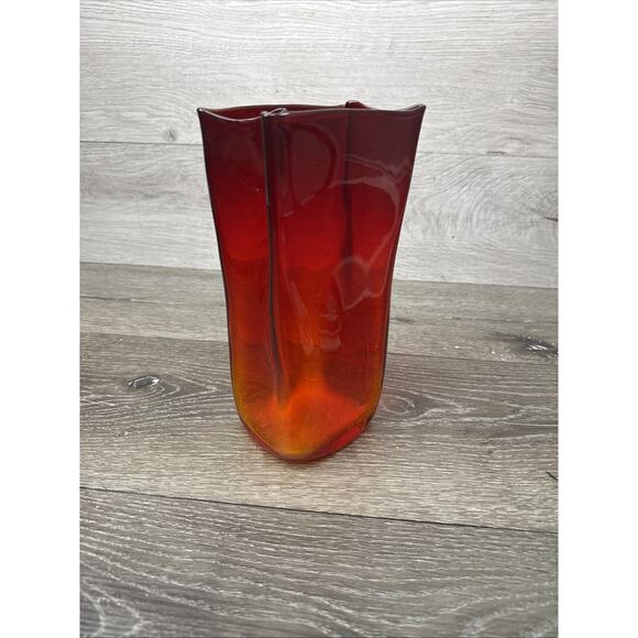 Blenko Paper Bag Vase Amberina Red To Orange Original Sticker 8-1/4” Tall - Picture 6 of 11